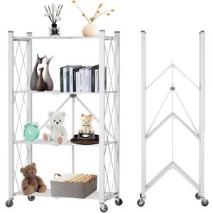 4 Tier Foldable Storage Shelf with Wheels, Heavy Duty Folding Shelf Loads 600 LBS, Metal Steel Collapsible Shelves, Rolling Standing Utility Rack for Kitchen, Pantry, Office, White