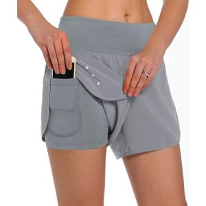 Ksmien Women's 2 in 1 Running Shorts - Lightweight Athletic Workout Gym Yoga Shorts Liner with Phone Pockets, X-Large, Light Grey