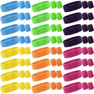 72 Pcs 80s Neon Headbands Sweatband Set, Include 24 Sports Headbands and 48 Sweat Wristbands Bulk for Woman Man