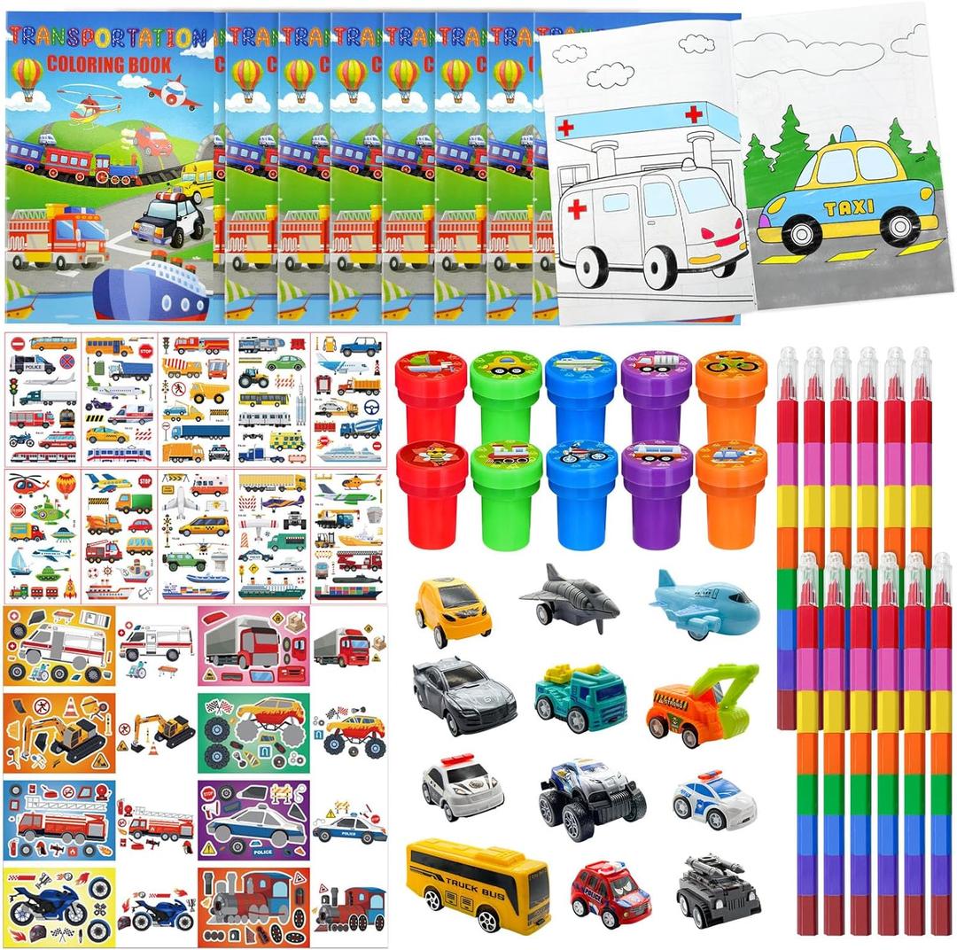 Cinrobiye 72 Pcs Transportation Party Favors Set, Vehicle Car Coloring Books Crayons Tattoos Stickers Stampers, Birthday Supplies Goodie Bag Fillers, Race Car Party Decorations