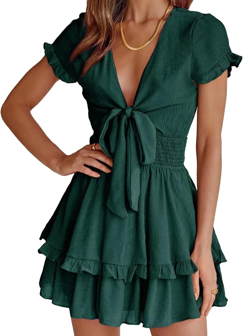 PRETTYGARDEN Women Summer Short Dress 2026 Casual V Neck Short Sleeve Tiered Bow Mini Sun Dresses Beach Vacation Sundress (Green, M)