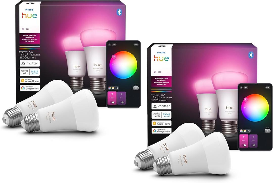 Philips Hue Smart LED A19 Bulb, White and Color Ambiance, E26 Base,10.5W, Full Spectrum Light 1000K-20000K,1100 Lumens, Dimmable,Compatible with Alexa,Google, Apple Home, 4pk