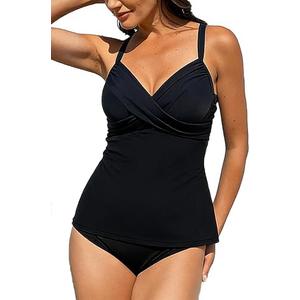 Halcurt Women's Twist Front Tankini Swim Top Only V Neck Loose Fit Bathing Suit Push Up Swimsuit Top, 2 XL