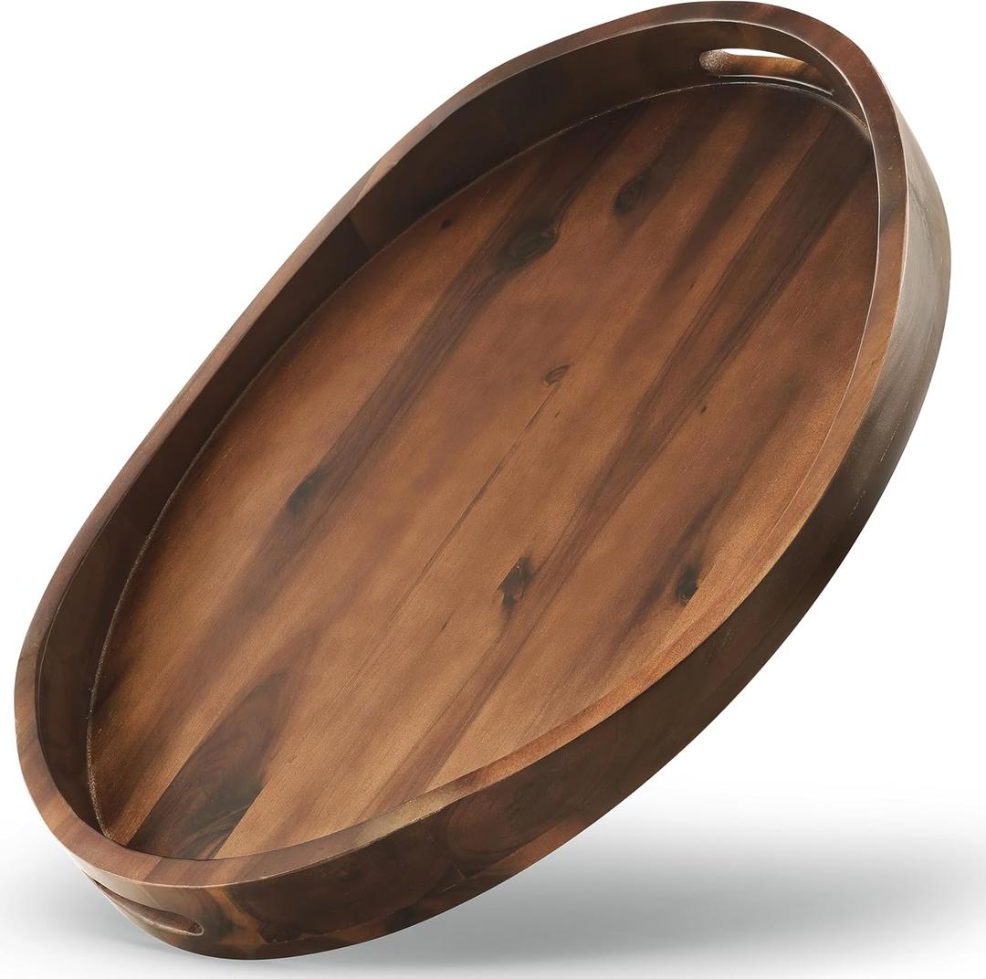 TIDITA Acacia Oval Wooden Serving Tray with Handles - 16.5" x 13" Ottoman Table Oval Wooden Tray - Round Serving Tray - Ottoman Tray for Living Room, Coffee Table Decor, Serving Platter, Walnut Color