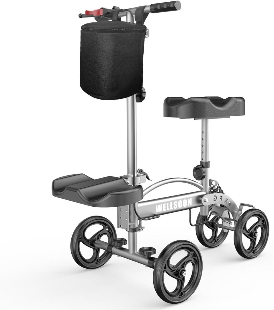 Knee Scooter Foldable Knee Scooter for Adults for Foot Surgery with Bag Steerable Knee Walker with Adjustable Footrest Knee Walker for Ankle Foot Recovery Crutch Alternative Grey