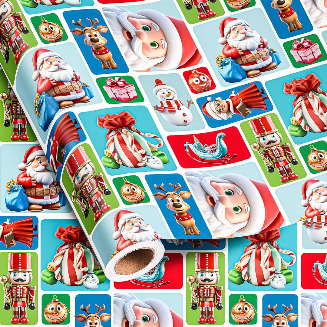 2 x Vnaaem Funny Christmas Wrapping Paper Roll - Xmas Santa Claus, Reindeer, Nutcracker, Snowman Design Gift Wrap for Holiday Party Celebration, DIY Craft - 17 In X 20 Ft(Total 28.5sq.ft)
