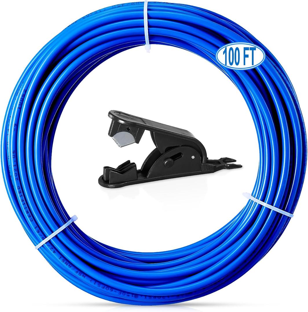 100FT 1/4 Inch O.D.RO Water Tubing,NSF Certified Pipe for RO(Reverse Osmosis) Water Purifier Filter System,BPA free Flexible Plastic Hose(blue)+Tube Cutter