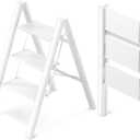 GameGem 3 Step Ladder, Aluminum Folding Step Stool with Anti-Slip Sturdy and Wide Pedal, Lightweight Portable Stepladder for Home and Kitchen Use Space Saving, Cream White, 330 lbs