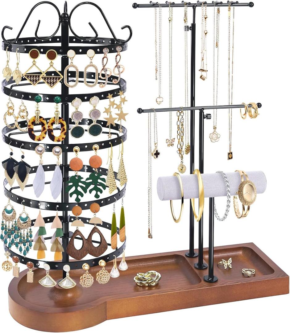 Jewelry Organizer Stand, Metal Rotating Earring Holder Organizer, Multi-Functional Adjustable Necklace Rack Holder Bracelet Watch Holder for Jewelry Earrings Ring, Black (Black-Brown Wood)