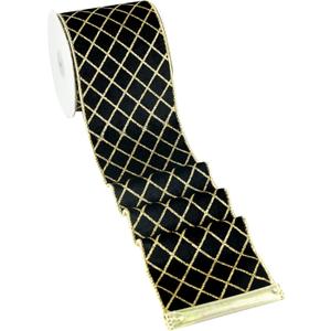 MAYREEL 4 Inch Black and Gold Velvet Wired Ribbon Metallic Diamond Glitter Grid for Christmas Gift Wrapping Floral Craft Bows Wreaths Garland Wedding Holiday Decor 10 Yards