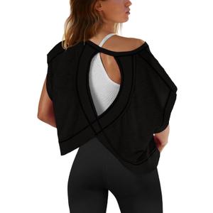 SENSERISE Womens Open Back Workout Tops Backless Short Sleeve Athletic Shirt Running Crop Top Gym Yoga Tee (X-Large, Black)