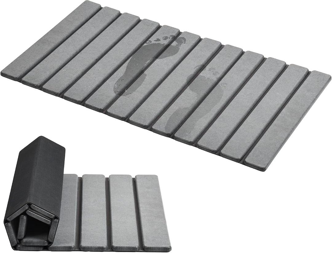 AWW Foldable Stone Bath Mat, Quick Dry Diatomaceous Earth Bath Mat with Non-Slip Mat, Super Absorbent, Easy to Clean, Compact for Small Bathrooms, 31.5 x 15.7, Grey