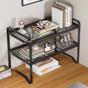 Hbluefat Desktop Organizer Shelf, 2 Tier Metal Desk Storage Bookshelf, Mini Countertop Display Rack, Small Multi-Functional Storage Shelf for Home Office (Black)