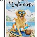 Louise Maelys Welcome Summer Garden Flag 12x18 Inch, Small Beach Coastal Golden Retriever Dog Puppy Summer Yard Flag, Outdoor Double Sided Banner Sign for Lawn Porch Patio Decor