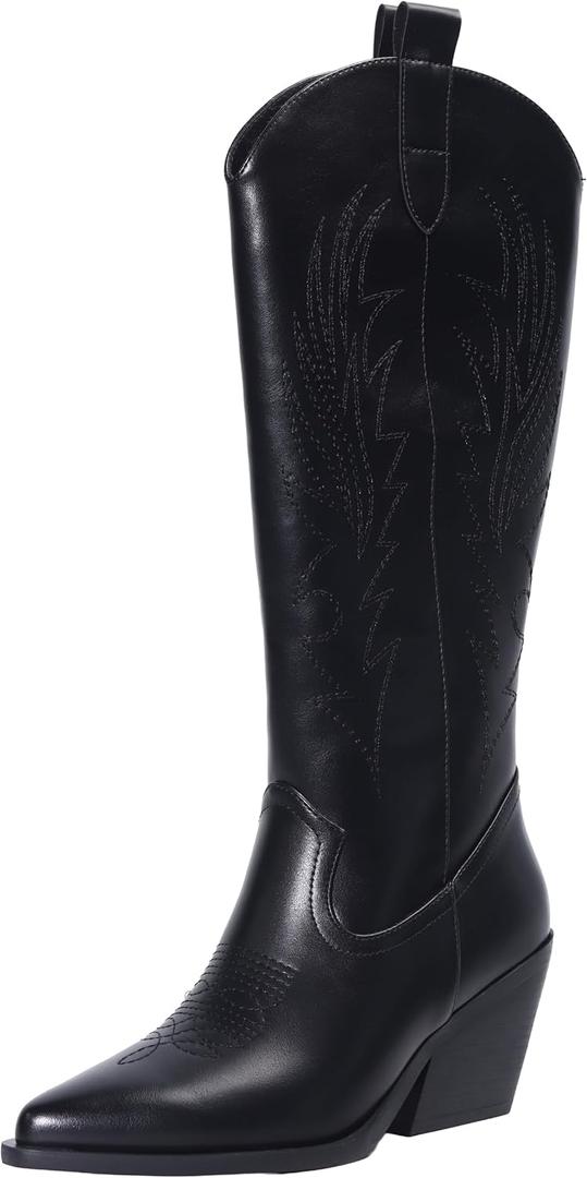 Cowboy Boots for Women - Knee High Cowgirl Boots with Side Zipper, Mid Heel & Easy Pull-On (Black)