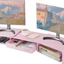LEKETREE Dual Monitor Stand Riser with Drawer, Desk Organizer and Accessories, Pink Monitor Stand for Desk, Desktop Stand for Computer, Laptop, TV and More (Pink)