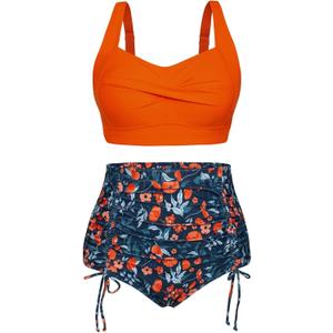 Hanna Nikole Women Plus Size Two Piece Swimsuit Sets Twist Front Bikini Bathing Suit with Drawstring Ruched Bottom, Size 20 Plus (Blue Orange Flowers)