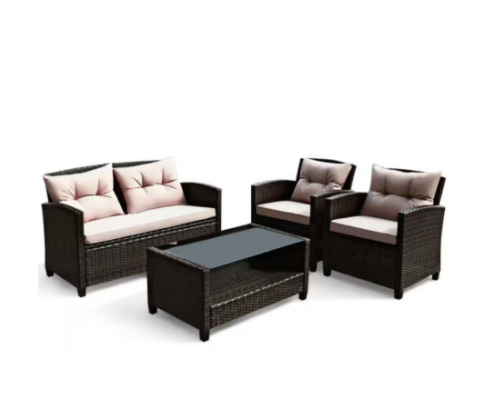 4-Piece Wicker Outdoor Patio Conversation Set Rattan Furniture Set with Beige Cushions and Tempered Glass Coffee Table