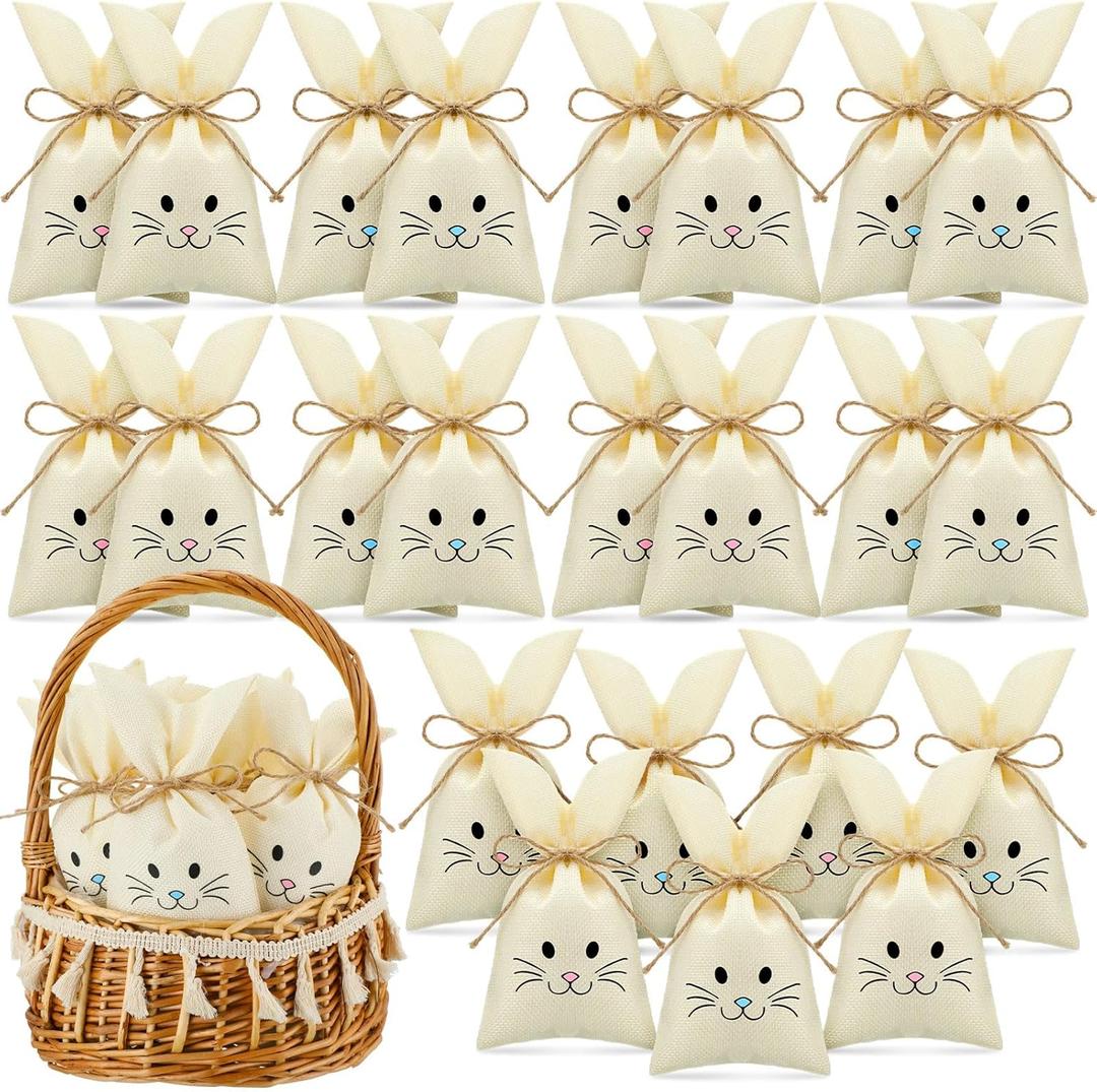 SilTriangle 36 Pcs Easter Treat Sacks Bags with Drawstring Bunny Gift Bags Bunny Party Favors Small Burlap Bag for Kids Goody Basket Party Supplies Cookies Candy Chocolate Hunt Stuffer