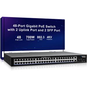 48 Port Gigabit PoE Switch with 2x1000Mbps Uplink, 2x1000Mbps SFP, GiGaPlus 48 Port IEEE802.3af/at PoE @700W, Support VLAN, Metal Housing, Desktop or Wall-Mount, Plug & Play