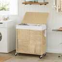 WOWLIVE Double Laundry Hamper with Lid, Handwoven Rolling Laundry Basket with Wheels, 115L Dirty Clothes Hamper with Removable Liner Bag Large Laundry Sorter Laundry Room Organization,Light Beige