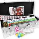 Complete American Mahjong Set, 166 White Tiles, 4 Color Pushers/Racks, Chips, Wind Indicator Aluminum Case + Clear Pusher