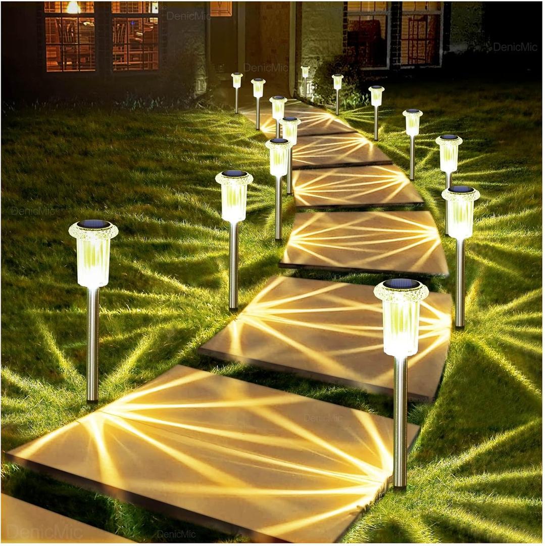 DenicMic Solar Lights Outdoor 15 Pack Waterproof 3000K Warm White LED Stainless Steel Stake Outside Lights for Yard Pathway Garden Driveway Walkway Landscape Path Lighting