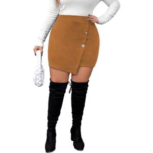 SOLY HUX Women's Plus Size Button Front Wrap Asymmetrical Hem Bodycon Skirt High Waist Mini Skirts Pure Khaki 1XL