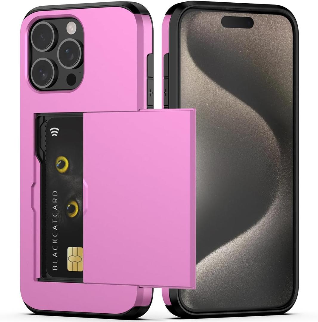 Nvollnoe Compatible with iPhone 15 Pro Max Case with Card Holder Heavy Duty Protective Dual Layer Shockproof Hidden Card Slot Slim Wallet Phone Cover for Women&Men 6.7 inch(Hot Pink)