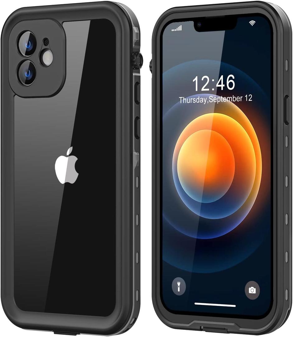 For iPhone 12 Mini Waterproof Case with Built-in Screen Protector, Shockproof Dustproof Full Body Protective IP68 Waterproof Phone Case for iPhone 12 Mini 5.4 Inch (Black/Clear)