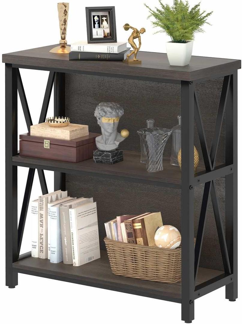 FATORRI Rustic Small 3 Shelf Bookshelf for Living Room, Industrial Low Wood Bookcase, Farmhouse Short Book Shelf for Small Space (Walnut Brown) (Without Drawer)