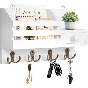 Key Holder Wall Mount, Wooden Adhesive Mail and Key Organizer with Drawer, Small Shelf, 8 Hooks, 2 Installation Methods, White