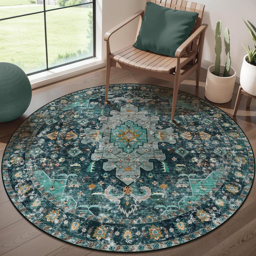 Ciicool Washable Area Rug Round 4x4 Teal Boho Bedroom Non-Slip Oriental Entry Throw Low-Pile Indoor Floor Carpet for Living Room Laundry Foyer Decor (Teal/Multi)