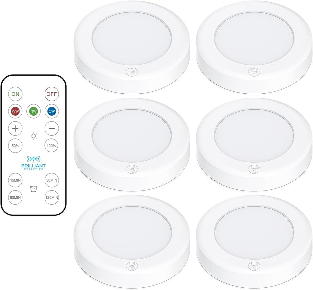 Brilliant Evolution LED Tap Light Push Lights with Remote - 6-Pack Battery Operated Under Cabinet Lights - Stick On Puck Lights for Kitchen, Closet, and Night Lighting - Wireless Warm White, 55 Lumens