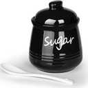 HAOTOP 12oz Sugar Bowl with Lid and Spoon,Ceramic Sugar Jar Sugar Dispenser Sugar Container Coffee Bar Accessories, Kitchen Countertop Canisters, Black