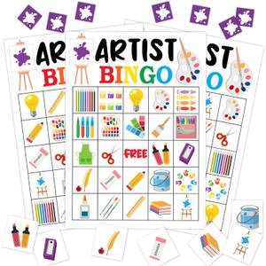 Artist Party Bingo Game, 24 Player Art Bingo Cards Set for Family Friend Activity, Painting Party Favor Decoration Holiday Supplies -a03