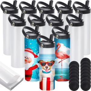 12 Pack Sublimation Tumblers Flat Edge Blanks Skinny Straight 20 oz, Stainless Steel Double Wall Insulated Sublimation Water Bottles with Portable Handle & Straw Lids for Heat Transfer, White