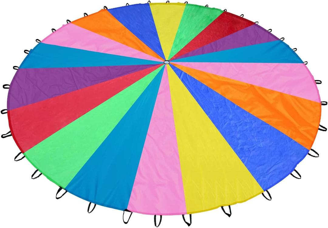 Rainbow Parachute for Kids, Play Parachute Toy with Handles, Parachute Game for Kids Cooperation Group Play and Outdoor Playground Activities, 24FT