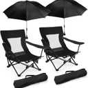 Joyfair Beach Camping Chair with Umbrellas, 2 Pack Outdoor Folding Low Camp Chairs for Adults, Heavy Duty Portable Chair with Umbrella for Outside Fishing, Lawn, Sport, Cup Holder & Carry Bag (Black)