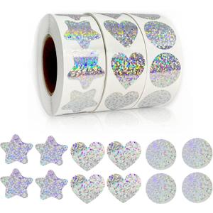 Valentine's Day Holographic Glitter Stickers Roll -1500 Pcs Star/Heart/Circle Shapes, Iridescent Self-Adhesive Decals for DIY Crafts, Scrapbooking, Laptop & Water Bottle Decor