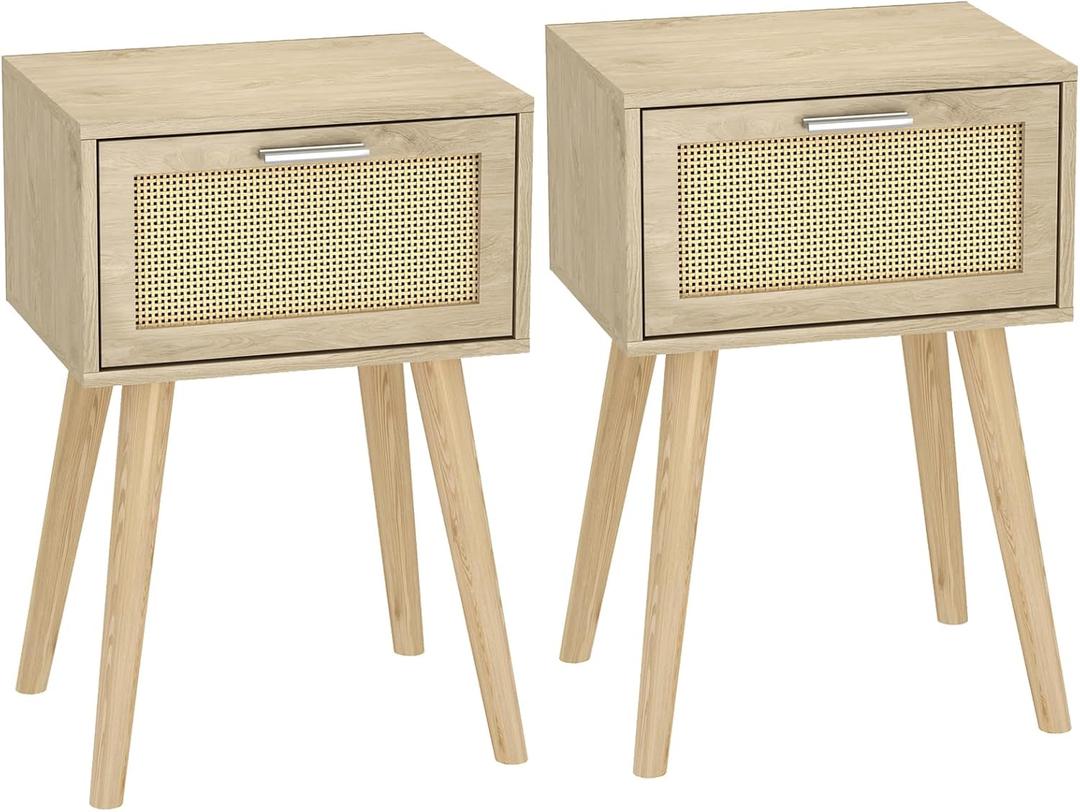 LAATOOREE Nightstand Set of 2, Small Bedside Table, Boho Side End Table, Rattan Door, Solid Wood Feet for Bedroom and Living Room (Natural)