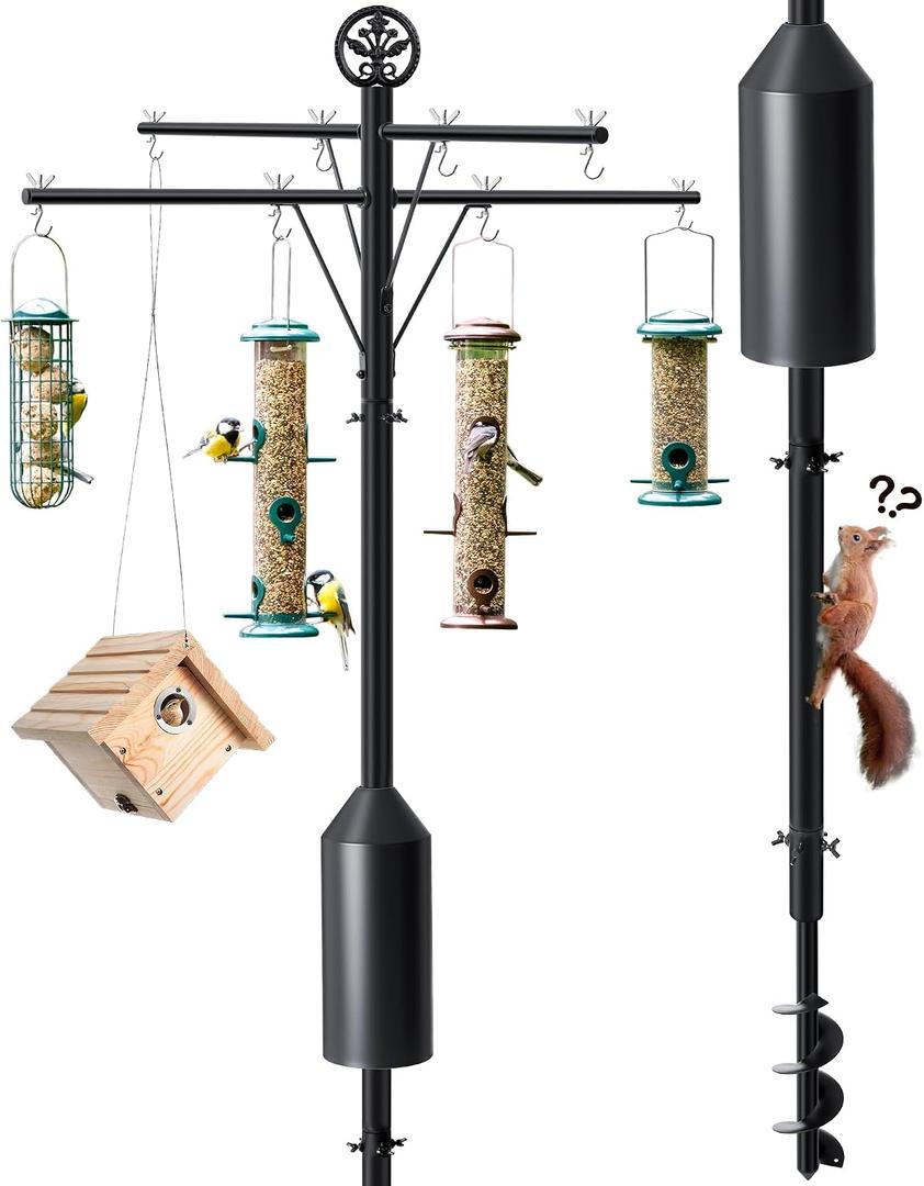 95 Inch Bird Feeder Pole with Torpedo Squirrel Proof Baffle, Heavy Duty Steel Squirrel Proof Pole System with Hanging Stations, Ideal for Holding 8 Feeders, Wind Chimes, Plants