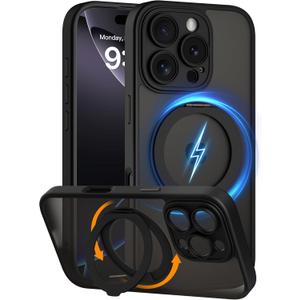 COOLQO for iPhone 16 Pro Case, Compatible with MagSafe, Translucent Matte, 360 Ring Holder Stand, Black