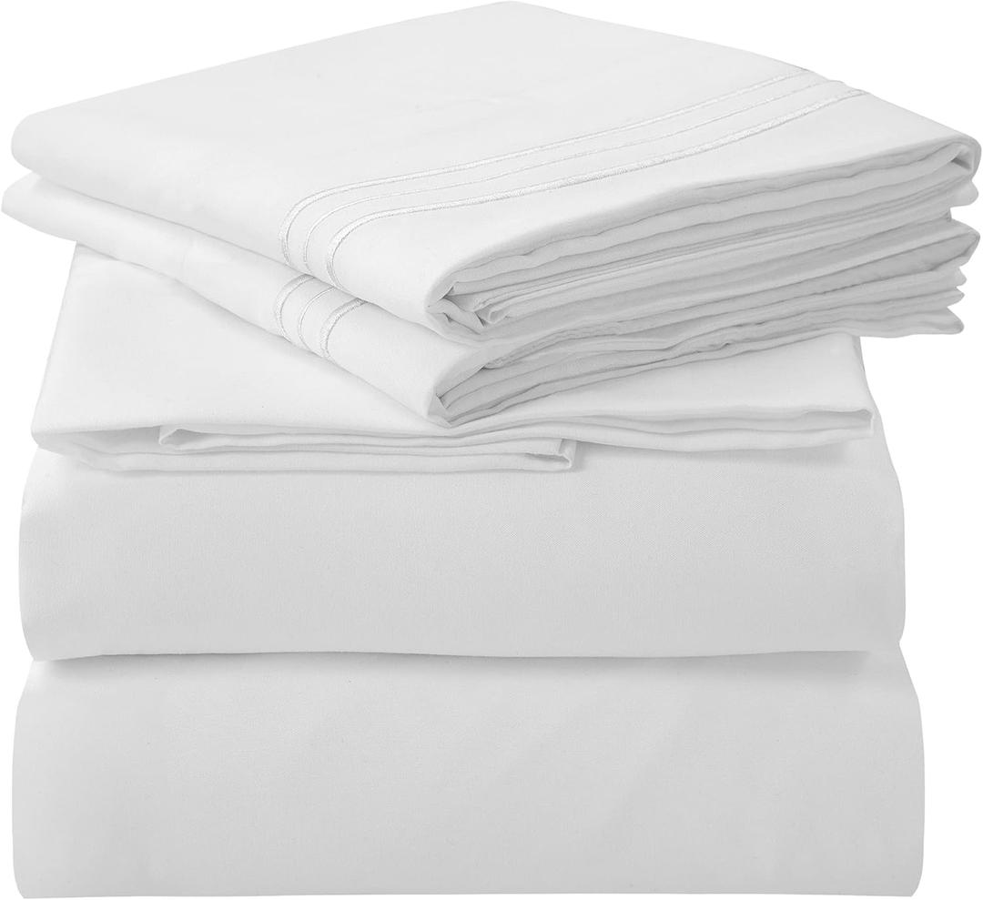 ROYALE LINENS 4 Piece Queen Sheets Set - Soft Brushed 1800 Microfiber Bedding - 1 Fitted and 1 Flat Sheet, 2 Pillow Cases - Wrinkle Free & Fade Resistant - Hotel Luxury Bed Sheets Set (White, Queen)