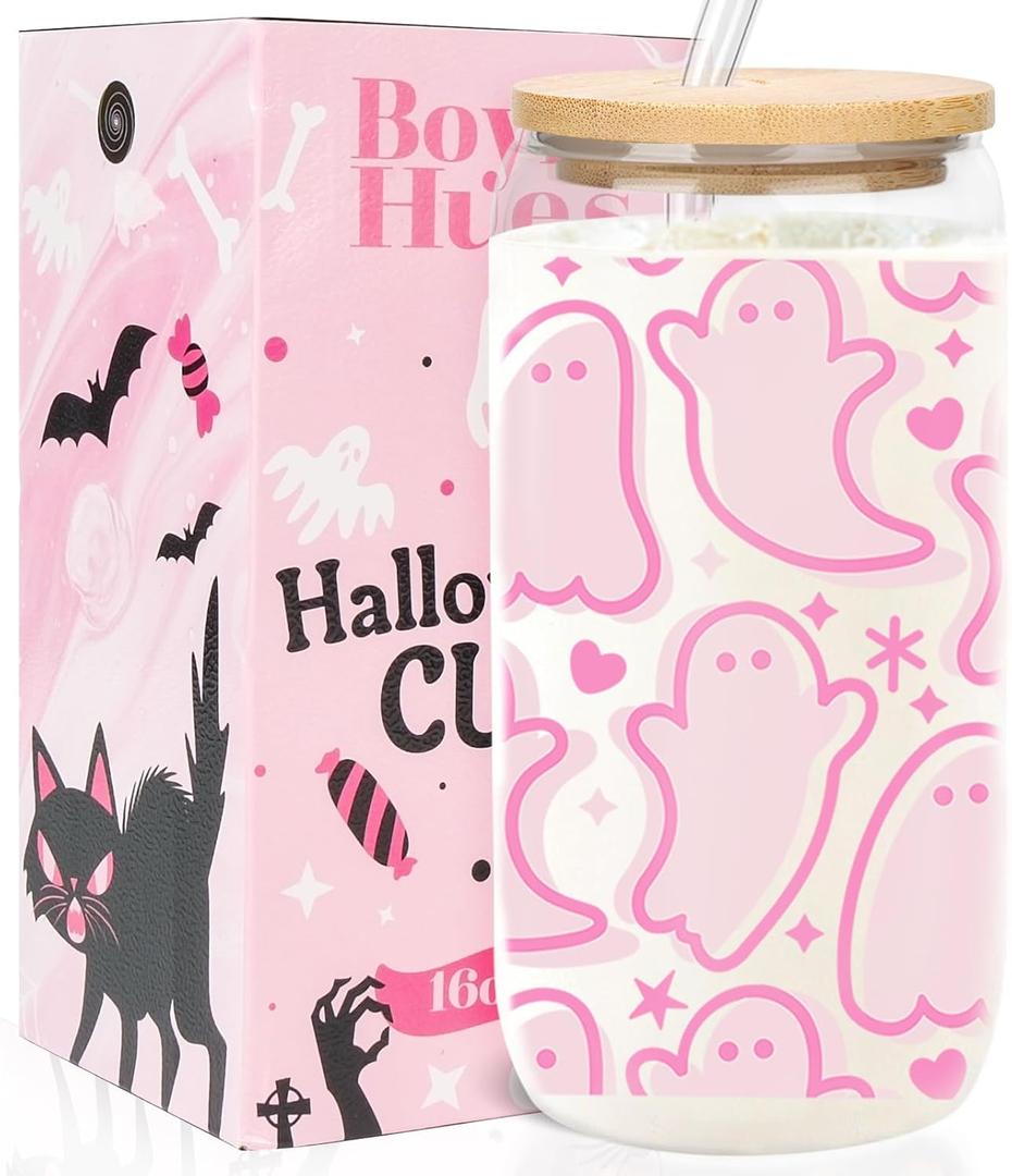 Halloween Ghost Cups - Cute Halloween Gifts Boo Basket Stuffers for Women, Teens, Kids - 16oz Glass Iced Coffee Cups w/Lids and Straws - Pink Teen Girl Gifts Trendy Stuff Party Favors