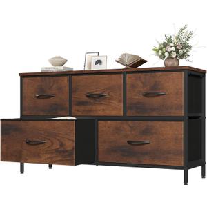 OLIXIS 5 Drawer Dresser for Bedroom, Closet Chest Organizer Furniture, TV Stand for Living Room Hallway, Wide Fabric Storage Tower with Wooden Top and Metal Frame, Brown