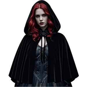 L'VOW Women's Black Cloak with Hood Medieval Velvet Hooded Cape Renaissance Short Christmas Cape