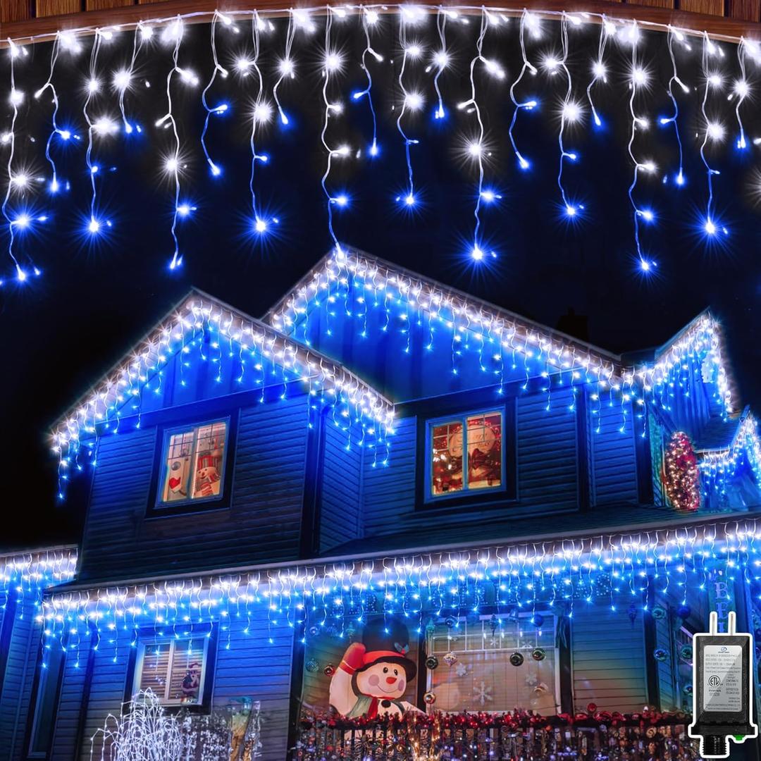810LED 82FT Christmas Lights, 180Drops 12 Modes Christmas String Lights Outdoor Brightness, Waterproof Christmas Decoration Fairy Lights with Timer Memory for Party Patio Window Fence Blue & CoolWhite