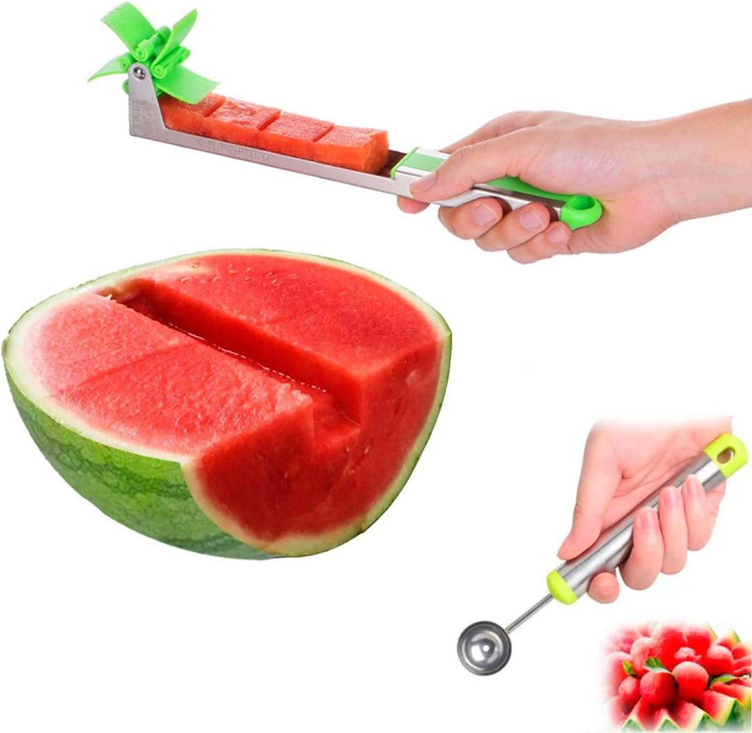 Watermelon Slicer Cutter - Stainless Steel Knife Corer Fruit Vegetable Tools Kitchen Gadgets with Melon Baller Scoop Extra
