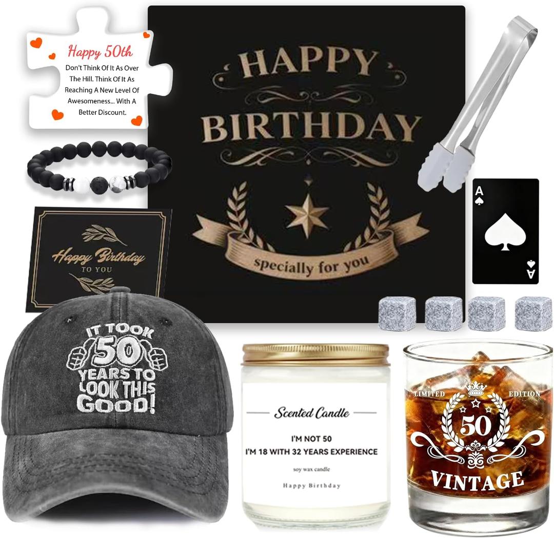 50th Birthday Gifts for Him - Ultimate Gift Set Includes Whiskey Glass, Scented Candle, Baseball Cap, Bracelet & Card - All-in-One Ideal Birthday Box for 50 Year Old Men, Dad, Husband